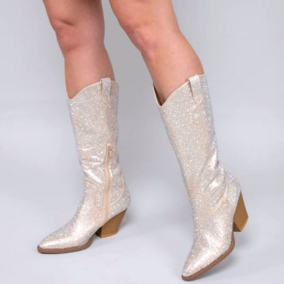 New Campagne Gold Blingy Rhinestone Knee High Cowboy Boots - Picture 3 of 6